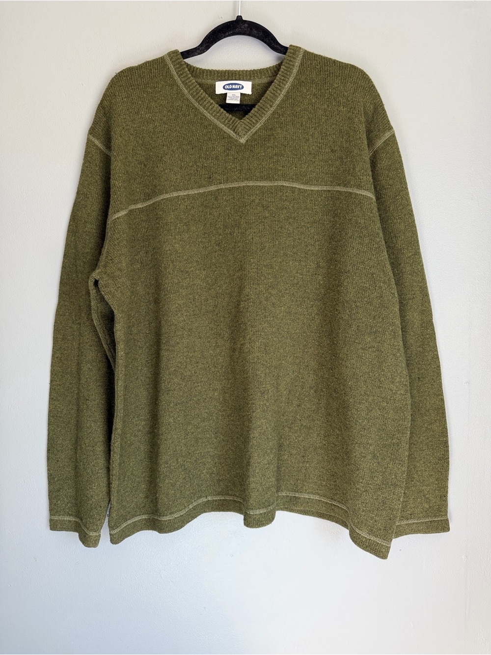 VTG Y2K Grandpacore 80% Lambswool V-Neck Sweater Olive Green Knit Mens Size XXL